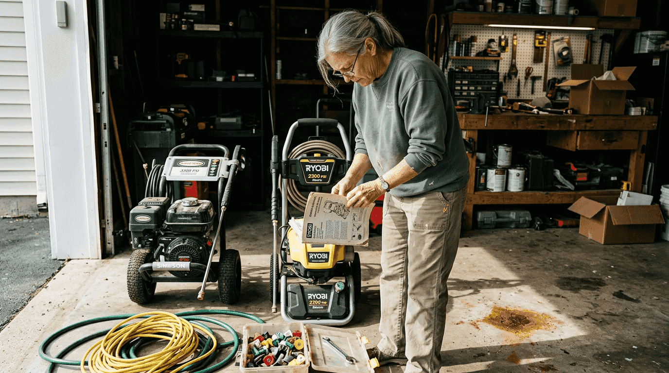 Choosing pressure washer equipment in garage