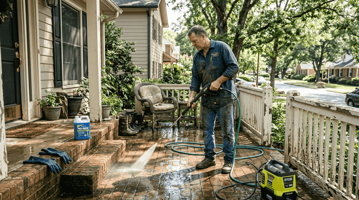 Man pressure washing home front porch