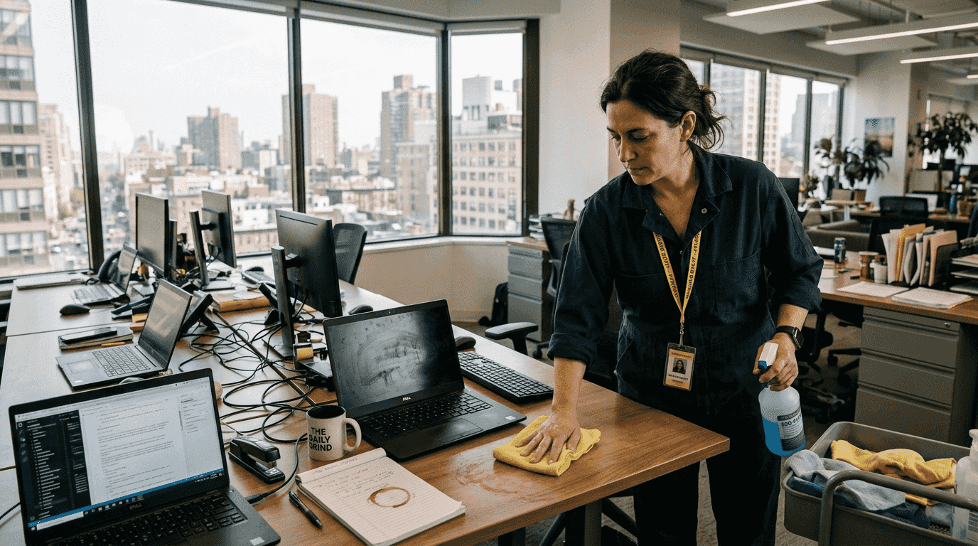 Janitorial staff cleaning corner office desk