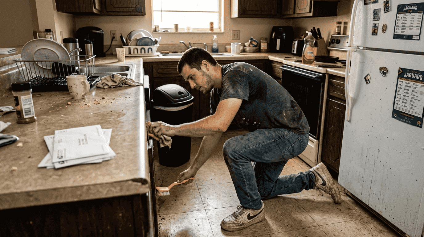 Deep cleaning baseboards in busy kitchen