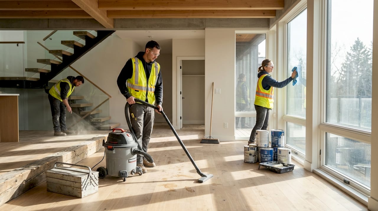 Cleaning crew vacuuming and wiping windows after construction