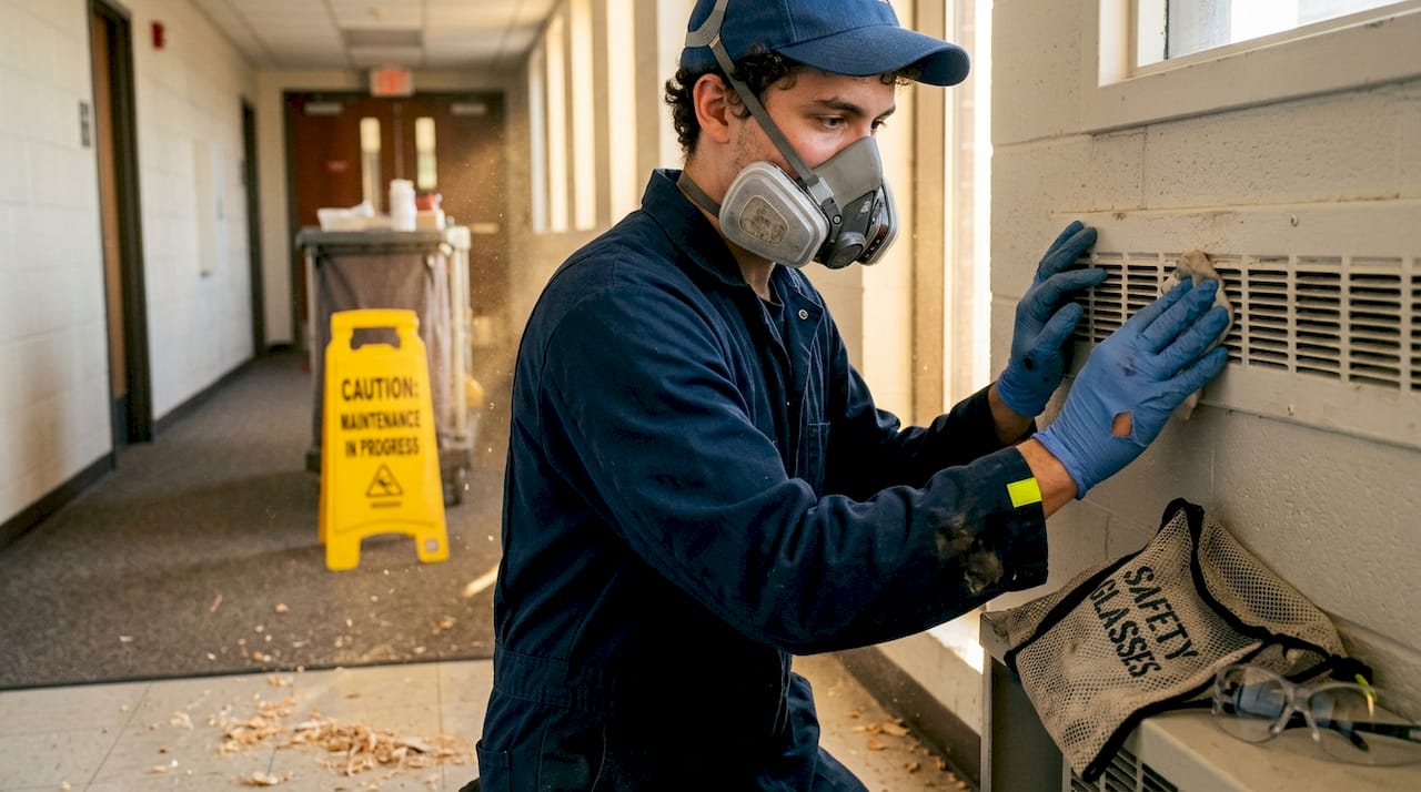 Worker cleaning vent with mask in dusty hallway