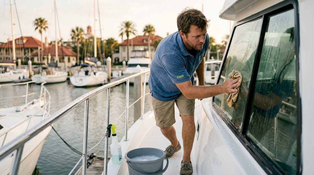 Marina worker cleaning vinyl boat window