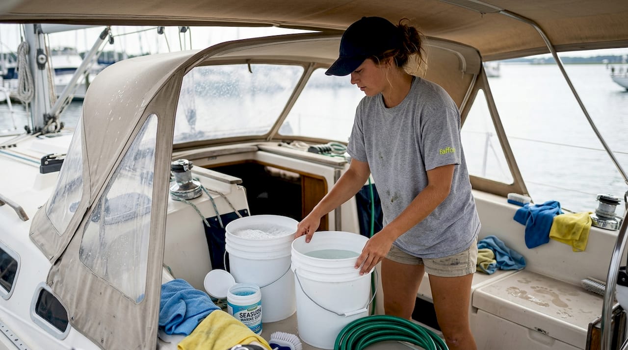 Deckhand organizes boat cleaning supplies cockpit