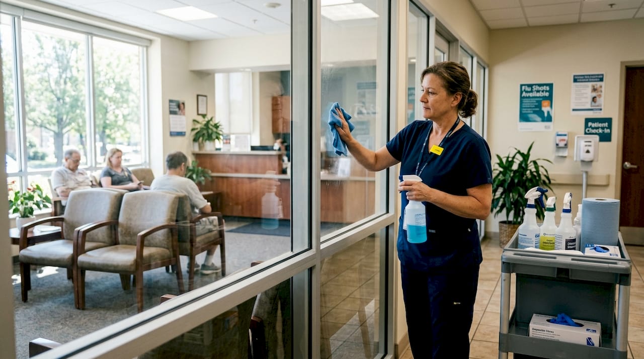 Clinic staff cleaning interior window with supplies