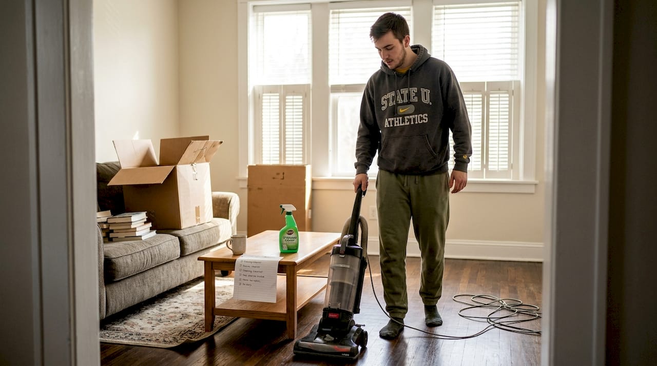 Man vacuuming living room after moving in