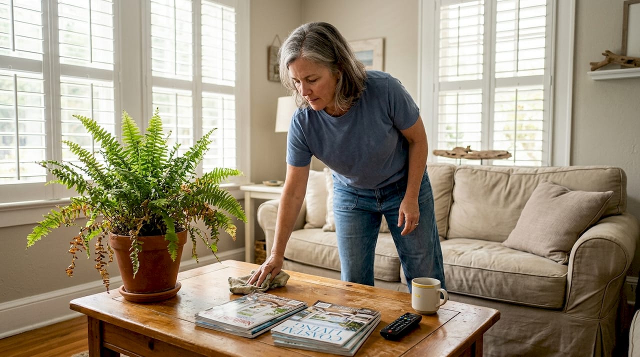 Woman deep cleaning living room table