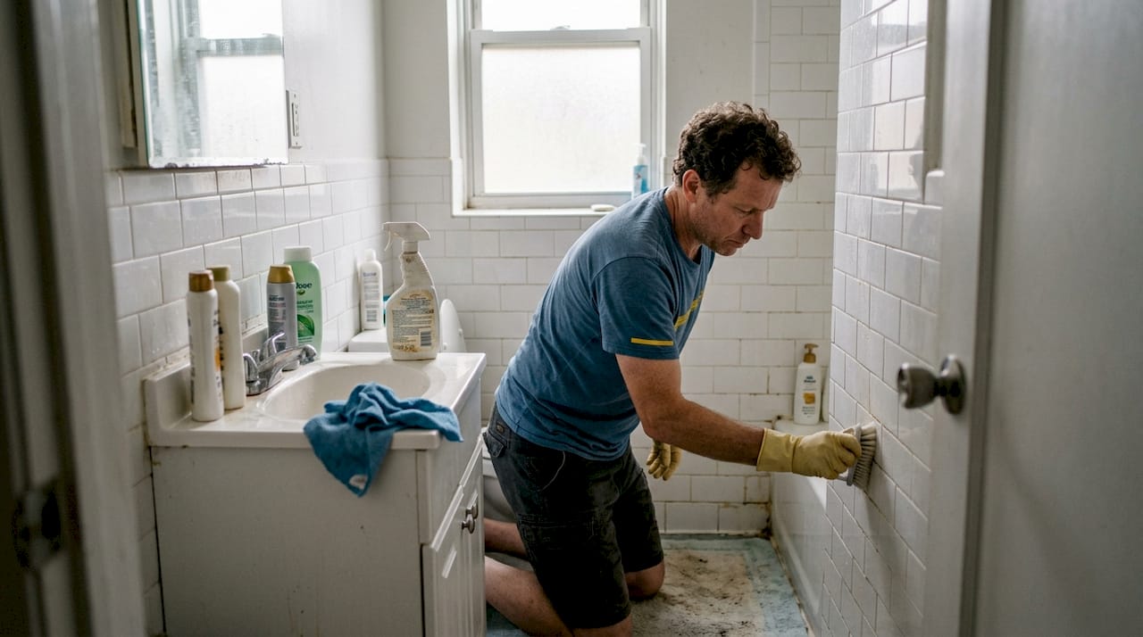 Man scrubbing grout in tiled bathroom