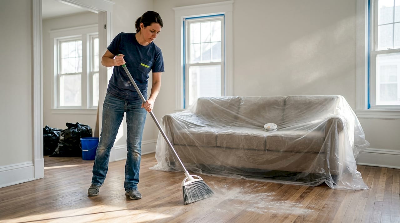 Homeowner sweeping dusty post-renovation living room