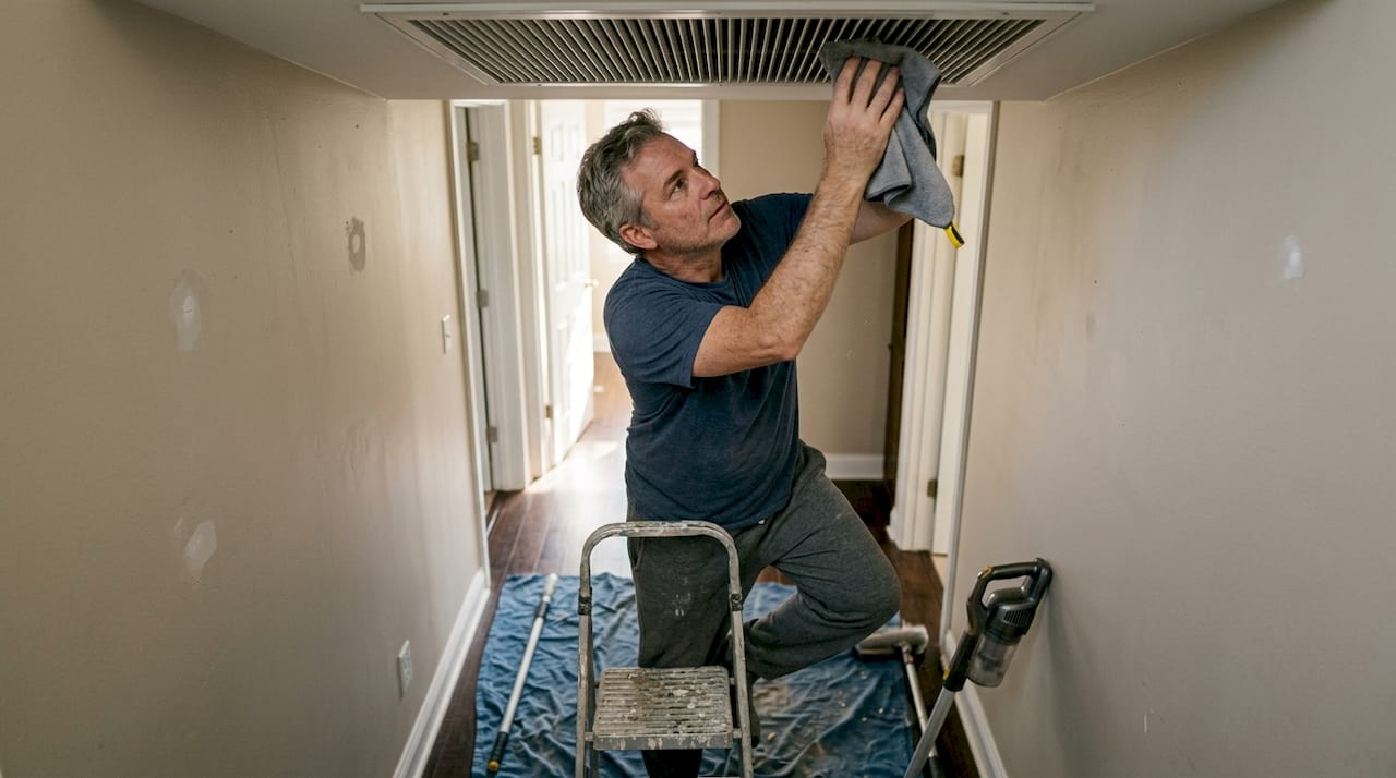 Man cleaning ceiling vent after construction dust