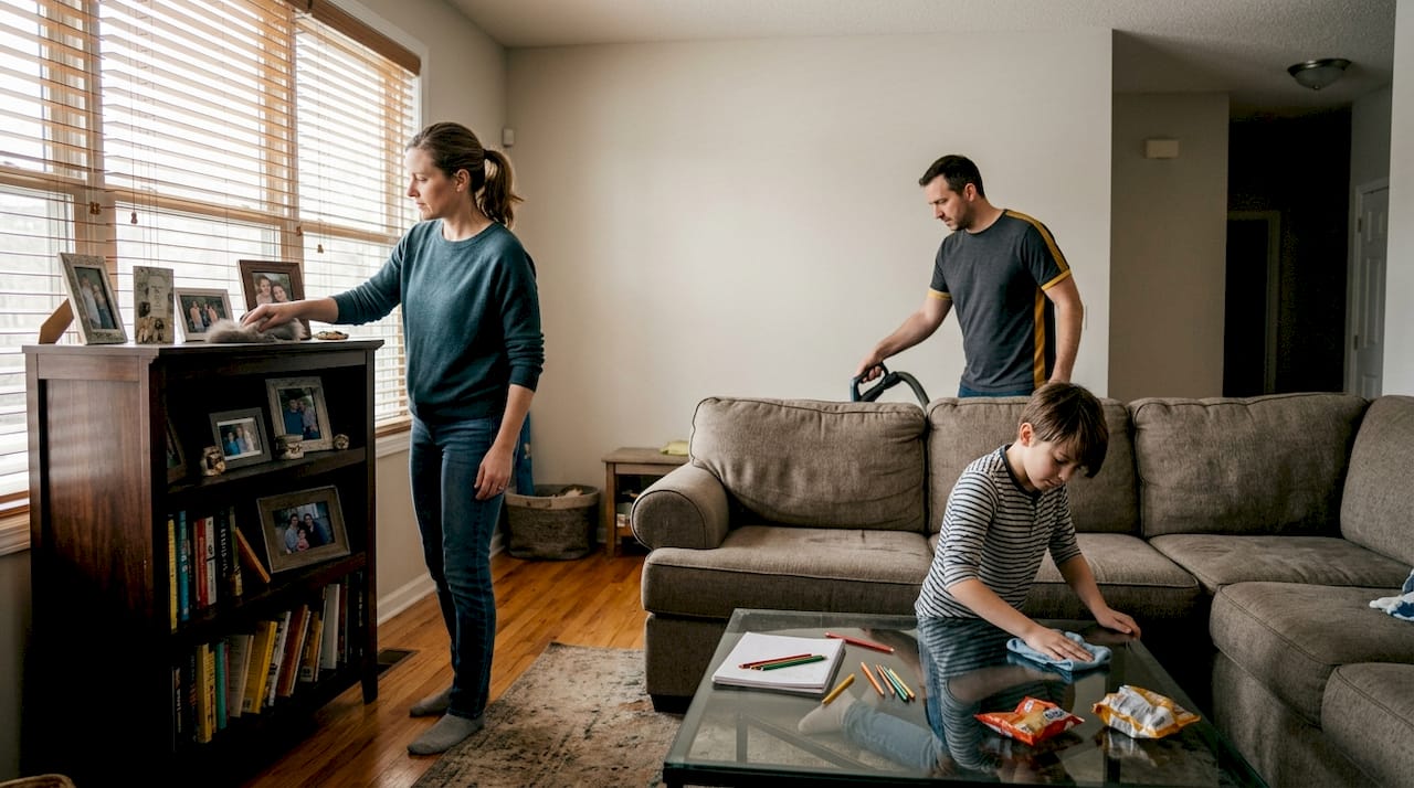 Family deep cleaning a lived-in living room