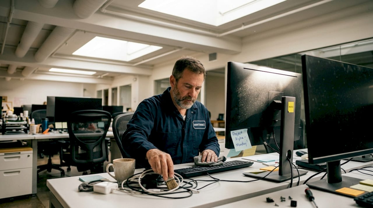 Janitor cleaning office desk keyboard