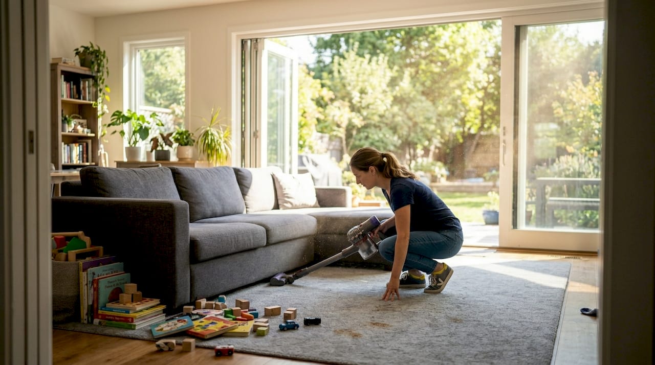 Woman deep cleaning modern living room