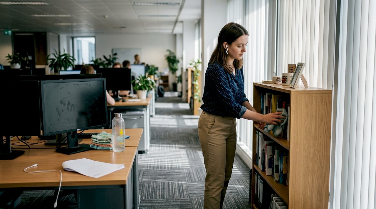 Employee dusts shelf in open workspace