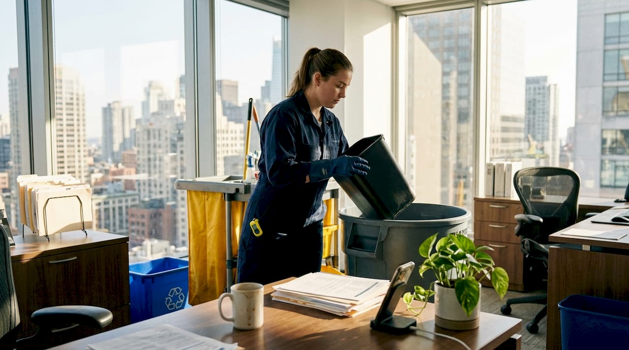Janitor empties trash in city office