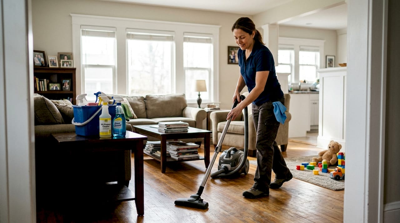 Cleaner vacuuming floor in family living room