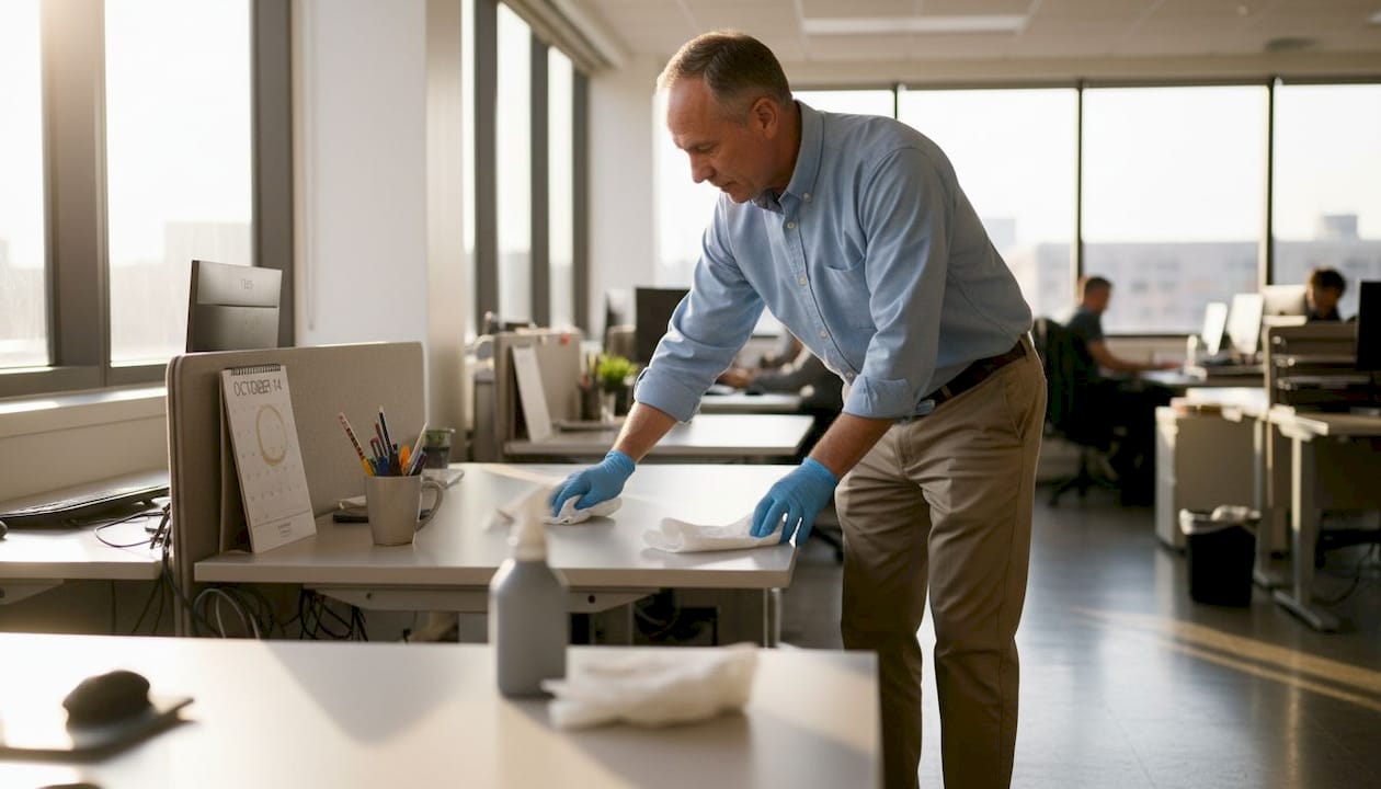 Janitor cleaning desk in busy corner office