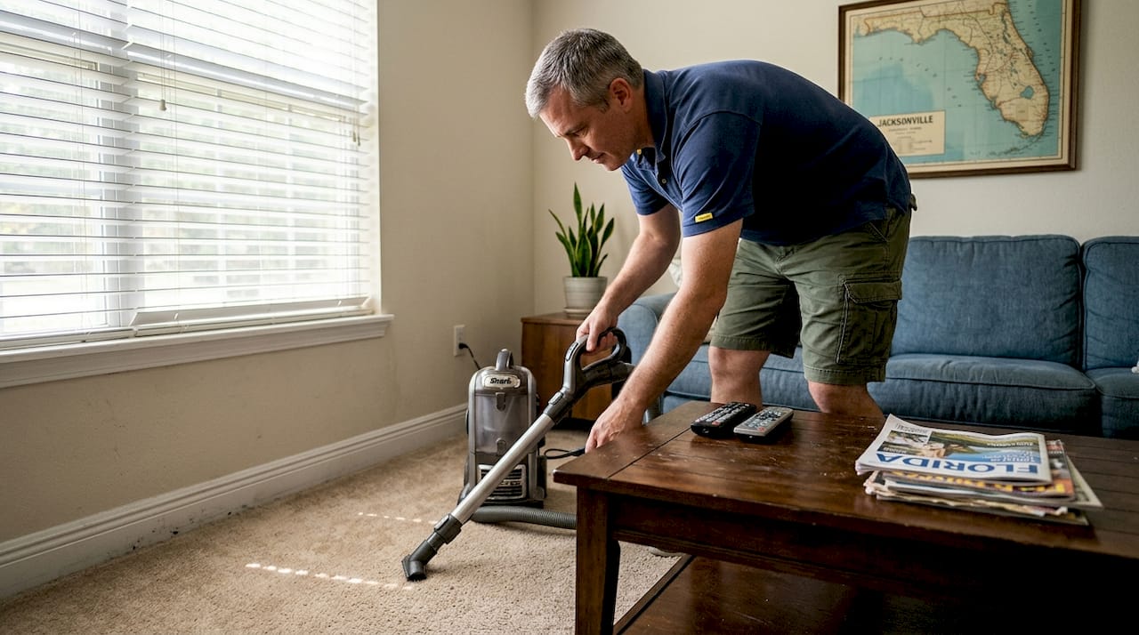 Vacuuming baseboards in Jacksonville living room
