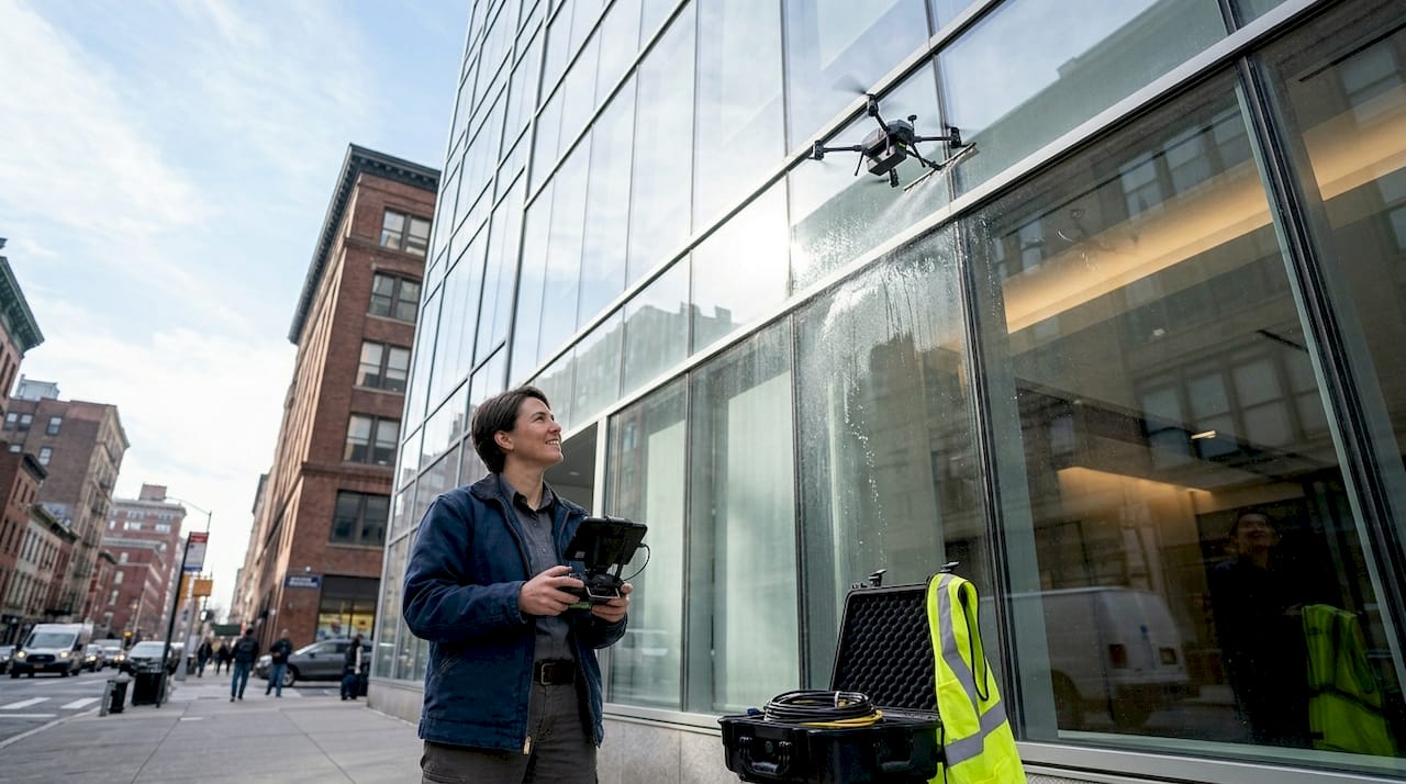 Drone cleaning high-rise office windows from outside
