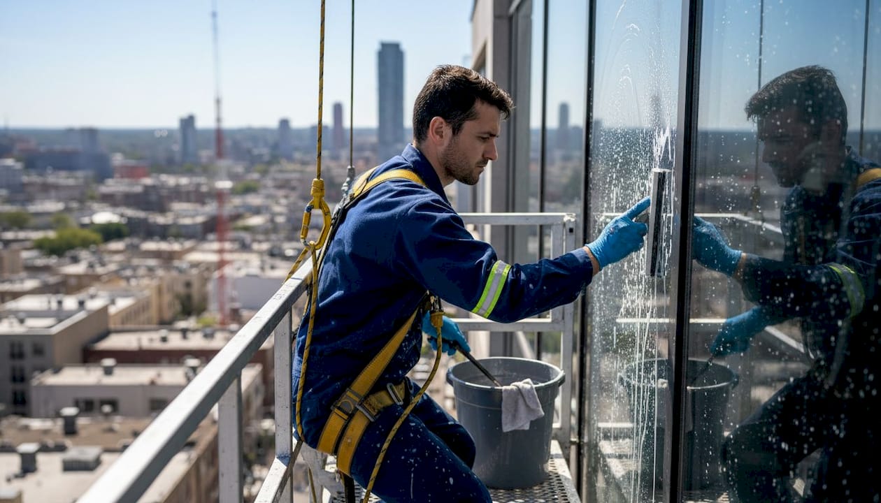 Worker cleaning office windows from scaffold