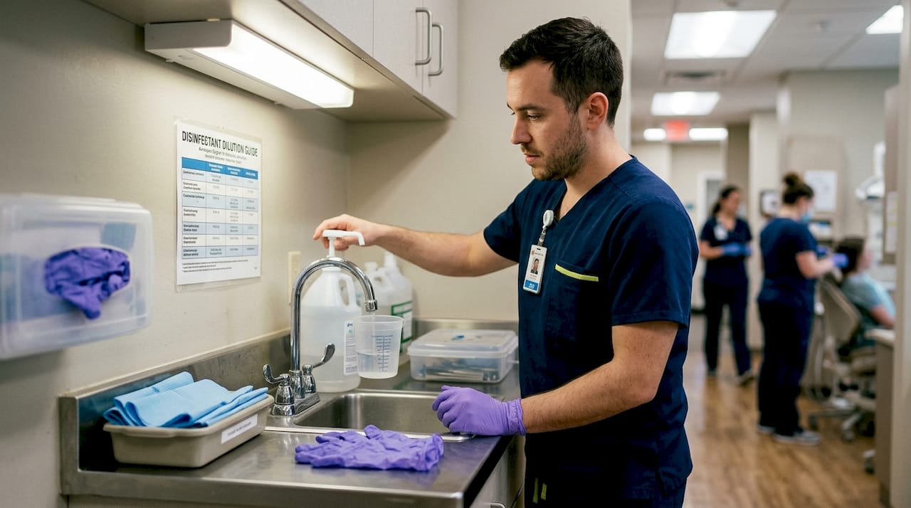 Dental assistant measures disinfectant for cleaning