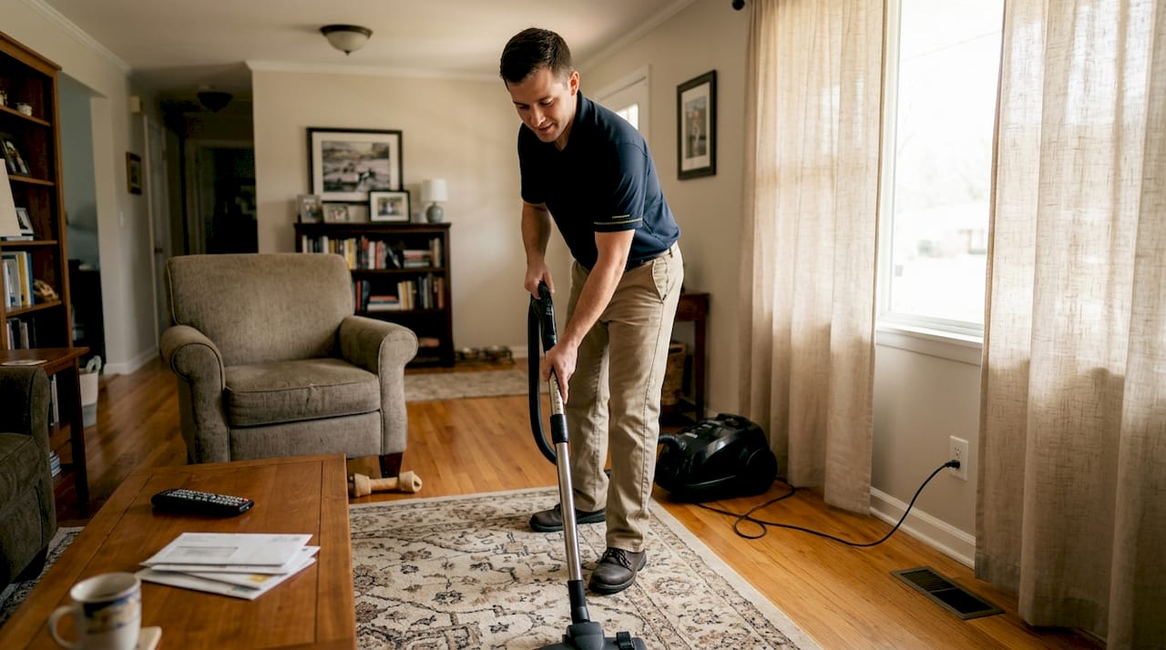 Housekeeper vacuuming living room area rug