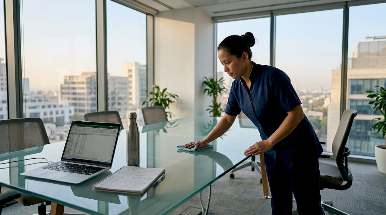 Housekeeper cleaning conference table in city office