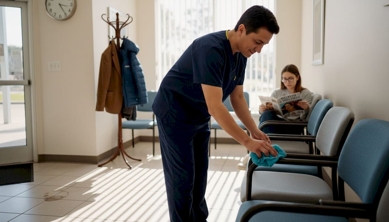 Medical office cleaner wiping waiting room chair