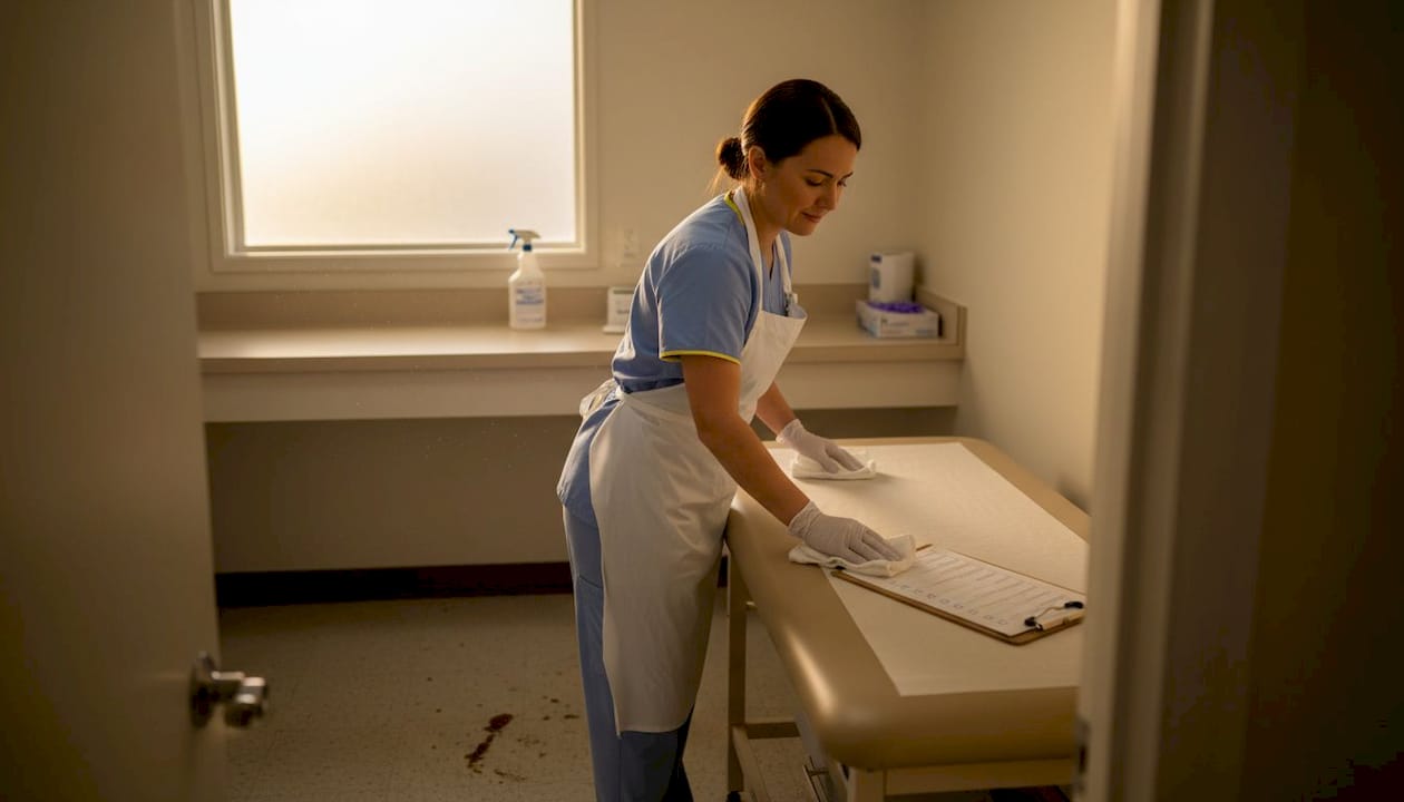 Staff sanitizing exam table in medical office