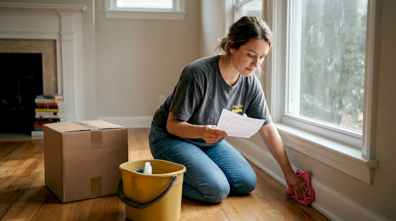 Woman cleaning baseboard in new home