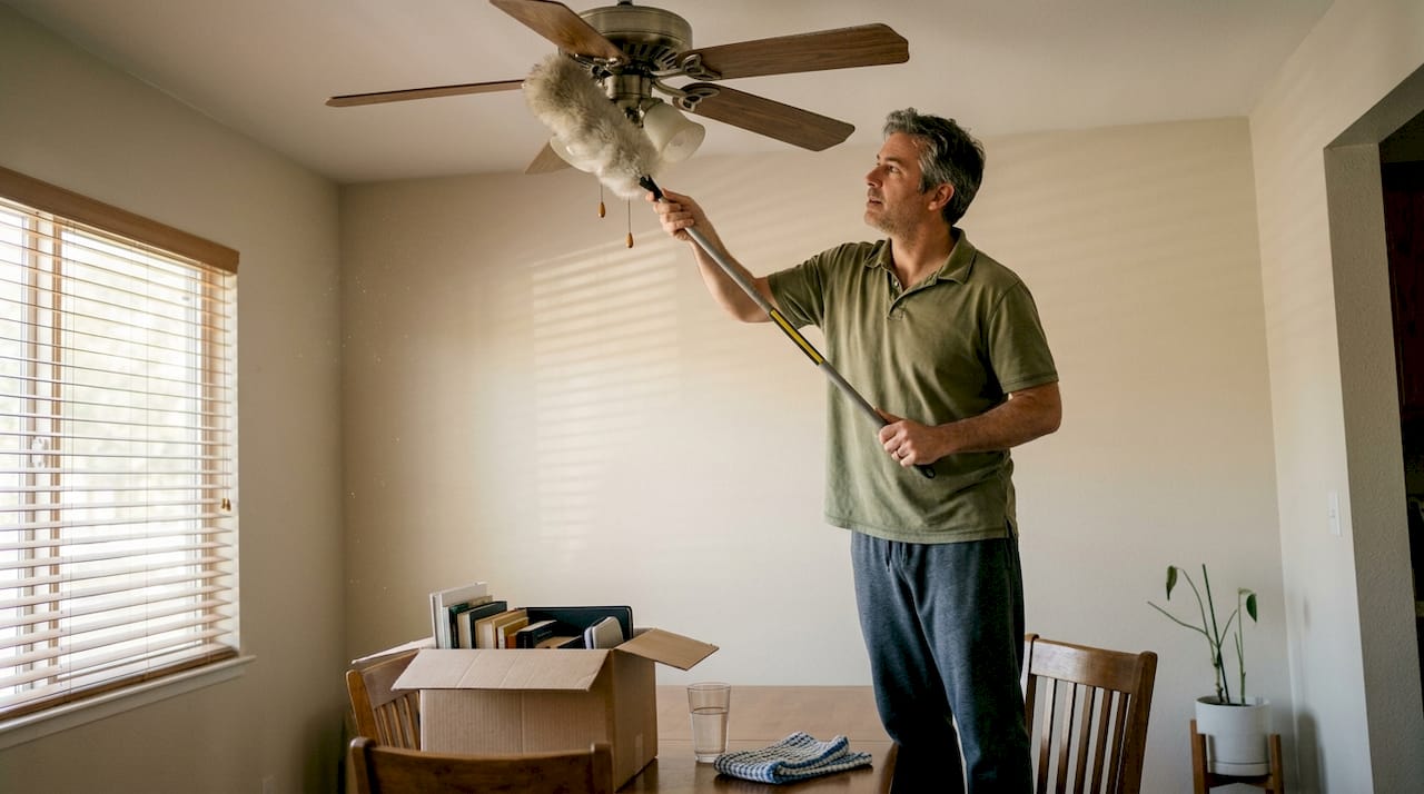 Man dusting ceiling fan before cleaning table