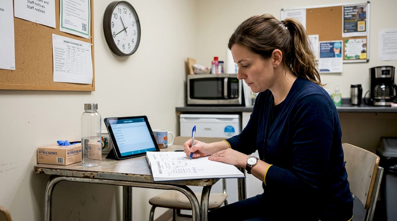 Office manager checking cleaning logbook at desk
