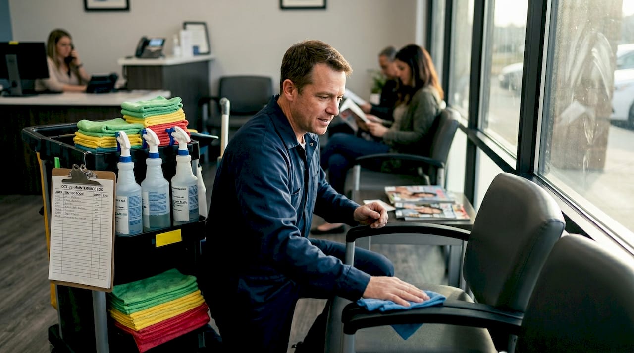 Janitor wiping waiting room chair in doctor office