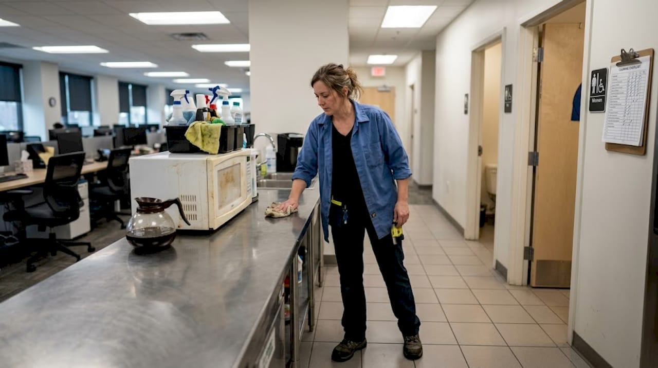 Janitor cleaning office kitchen and restroom area