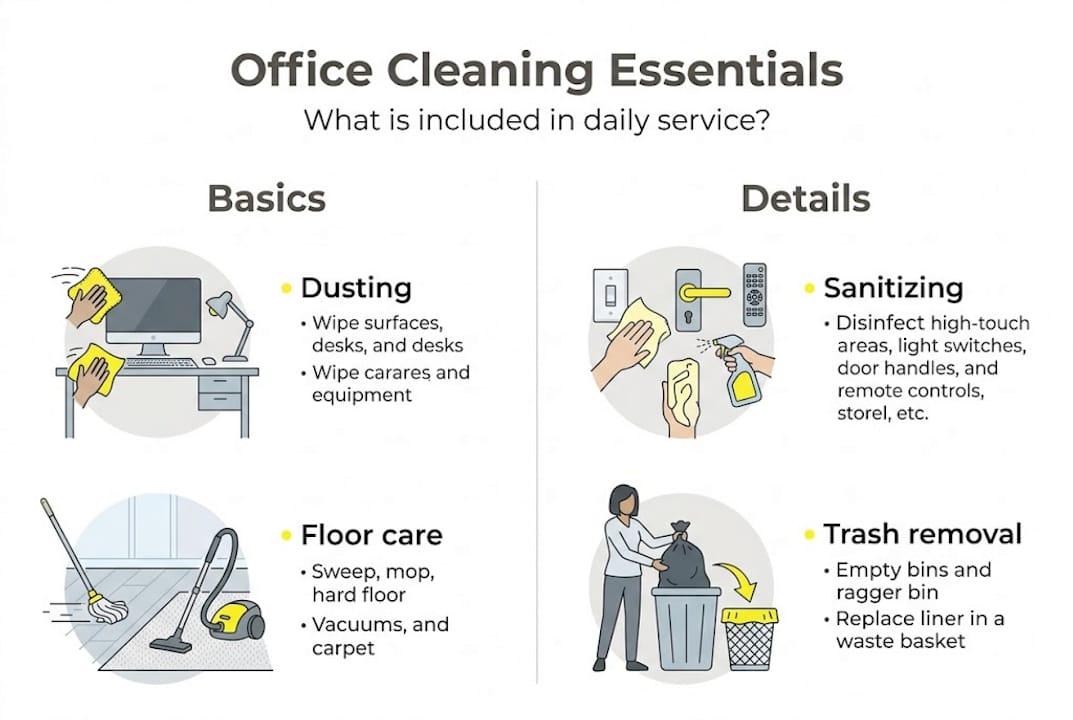 Infographic listing basics and details of office cleaning