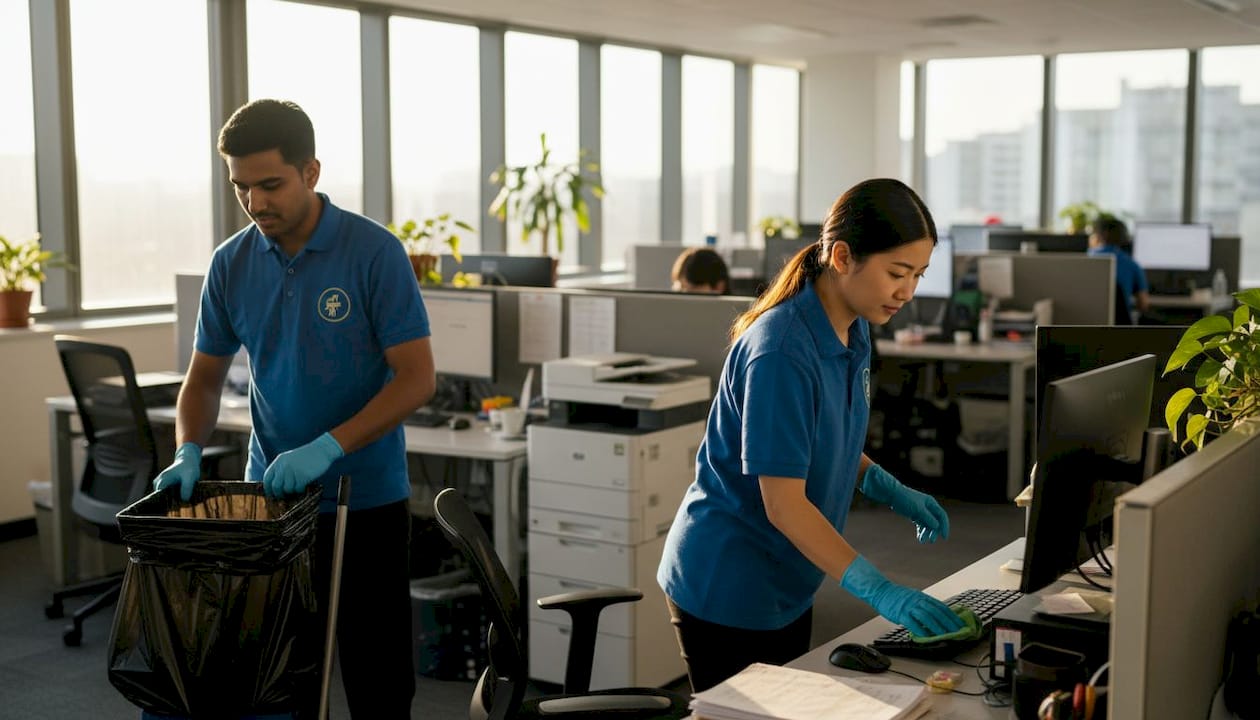 Office cleaning team working in bright corner office