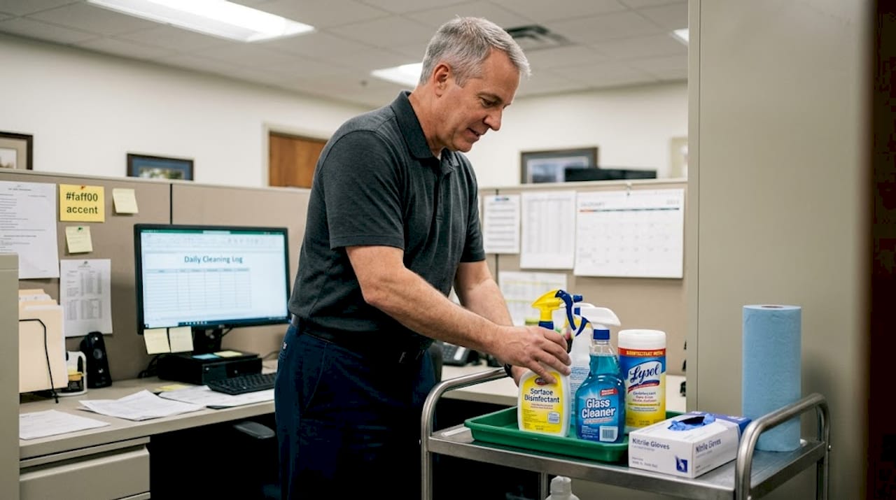 Worker organizing doctor office cleaning supplies