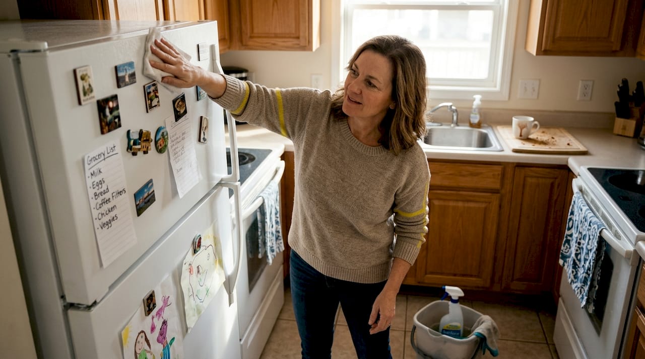 Woman deep cleaning top of kitchen fridge