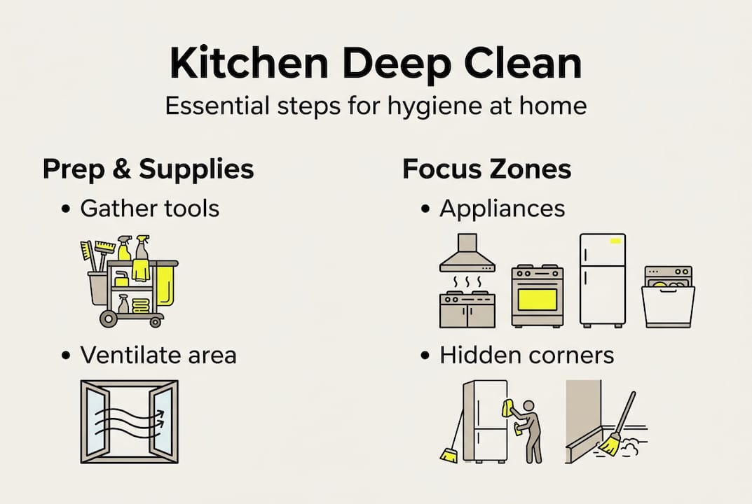 Infographic with kitchen cleaning steps and focus zones