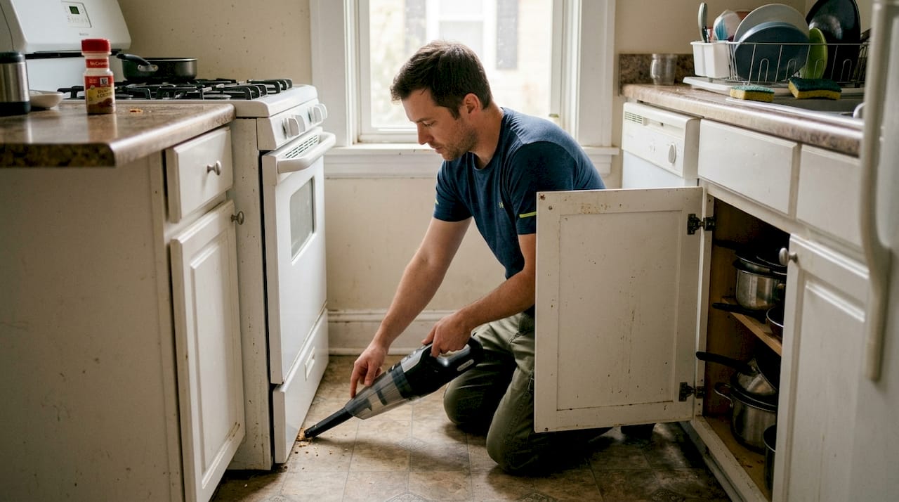 Man vacuuming under kitchen stove and cabinets