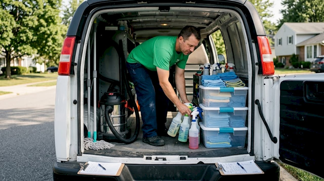 Worker organizing cleaning supplies in van