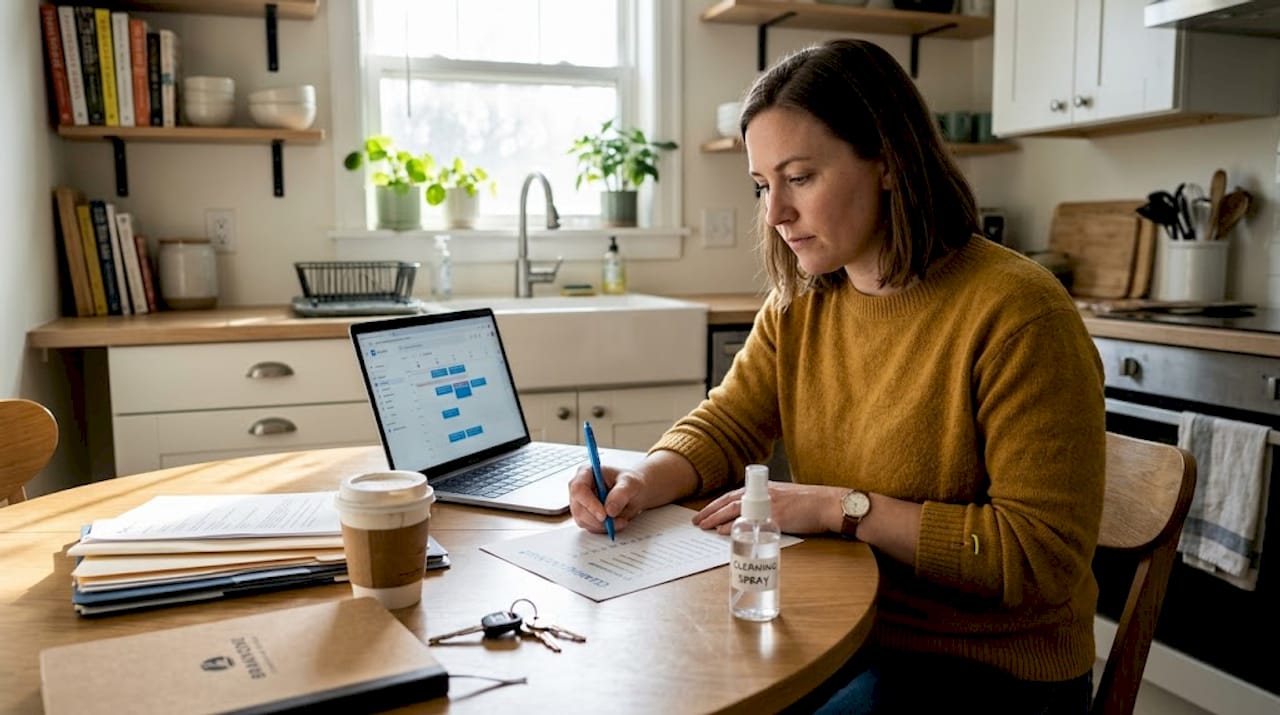 Owner preparing business checklist at kitchen table