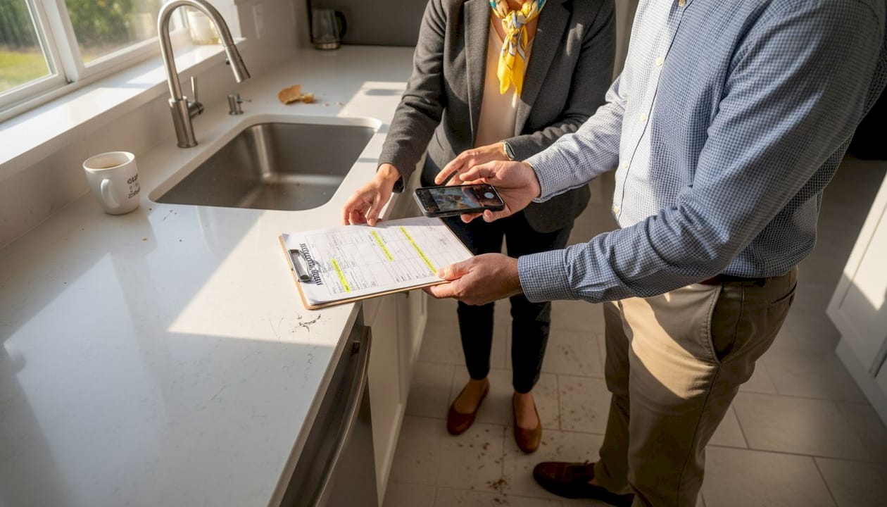 Tenant and landlord documenting kitchen checklist