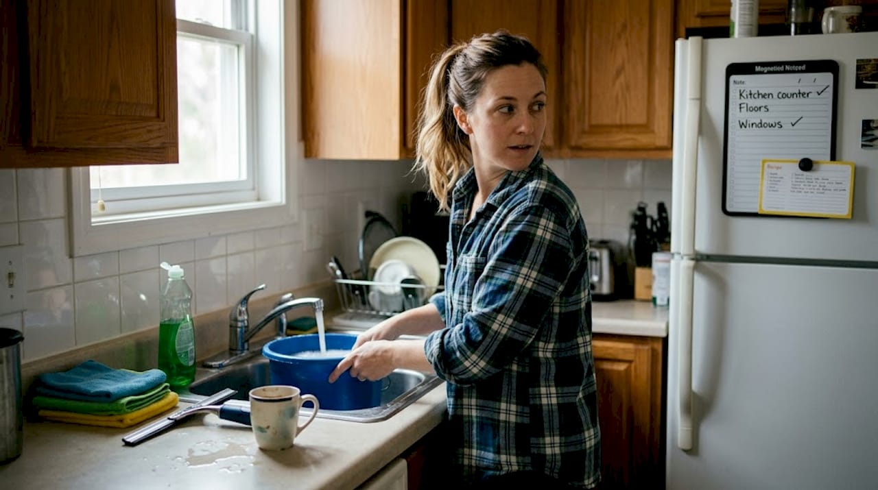 Person preparing window cleaning supplies in kitchen