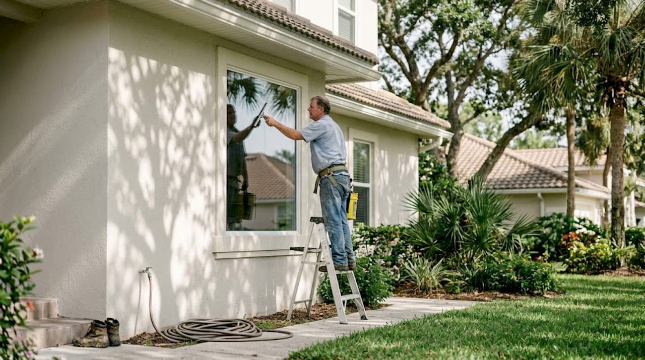 Window cleaner working on St. Augustine home exterior