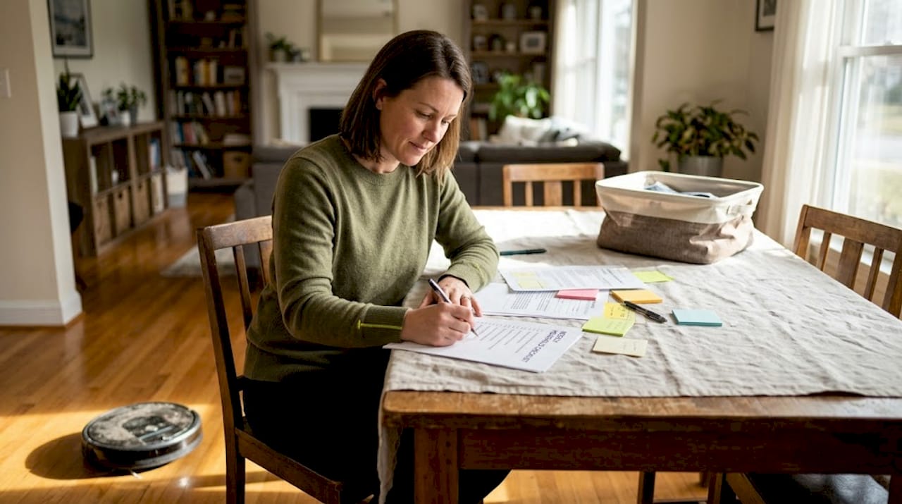 Woman updating housekeeping checklist at dining table