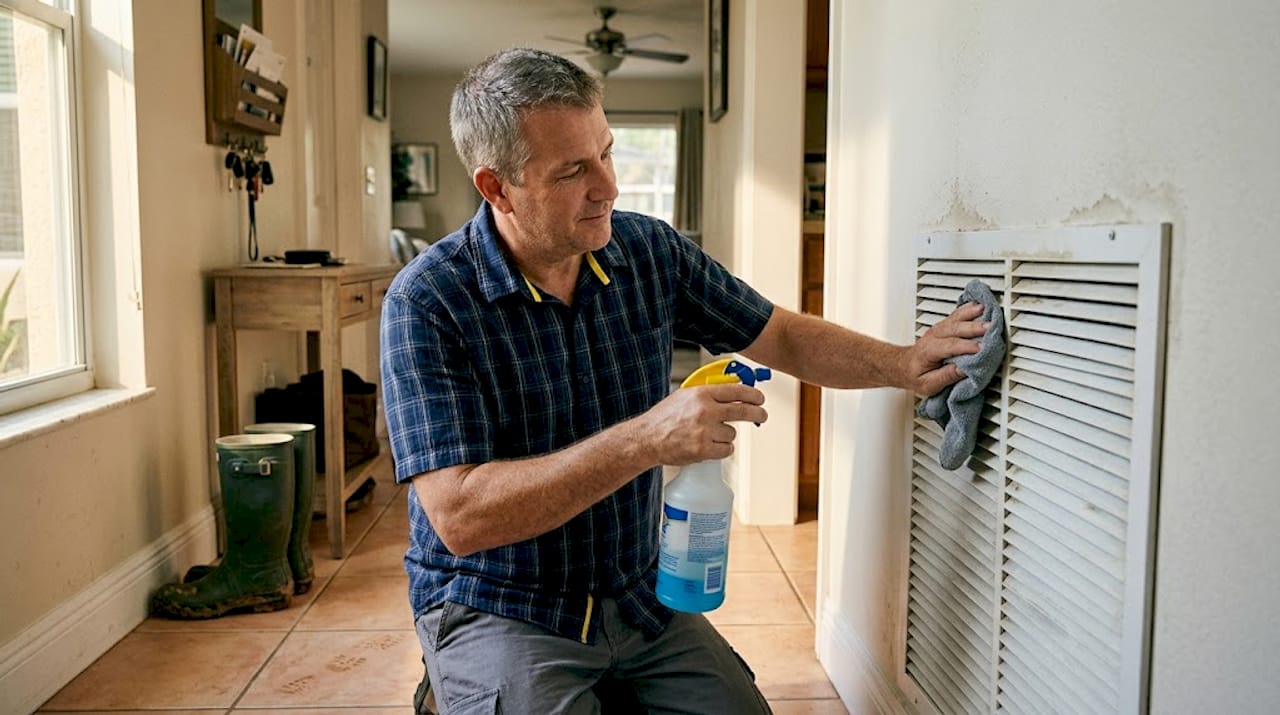 Man cleaning air vent in humid Florida home