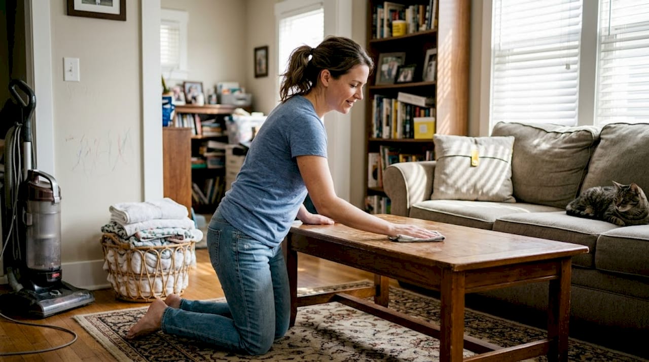 Woman wiping coffee table in lived-in home