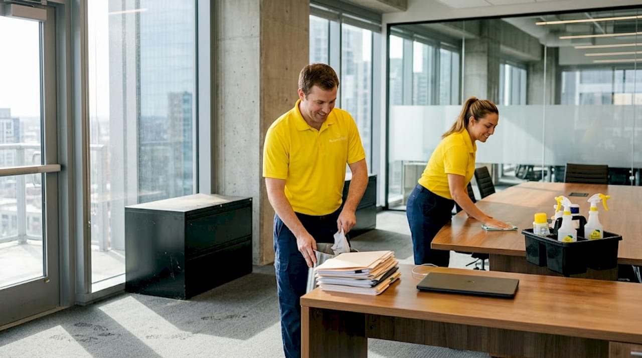 Cleaning team working in busy city office