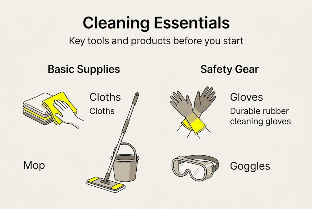 Infographic of essential cleaning tools and safety gear